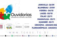 Banner com o logo do evento “Ouvidorias: Diagnóstico, Dúvidas e Soluções”, composto pelo nome e por um quebra-cabeça em formato de balão de chat, em quatro cores diferentes. Ao lado, as cidades e as datas em que serão realizadas as etapas do evento. Abaixo, m disso, os logos dos realizadores e apoiadores do evento. Na borda inferior, os logos das redes sociais com os respectivos usuários do TCE/SC. 