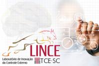 Banner branco com a imagem do animal Lince à esquerda, em degradê de amarelo a bordô. Abaixo da imagem, há o título Lince na cor bordô Lince, o texto Laboratório de Inovação do Controle Externo, em preto, e o logo do TCE/SC. À direita, há uma mão em destaque e uma espécie de circuito com diversos elementos gráficos dentro de círculos, como tela de computador, seta e lupa.