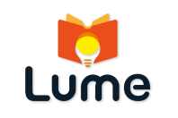 Banner horizontal. Sobre um fundo branco, o logo do projeto Lume, formado por um desenho de um livro, em tons de laranja e amarelo, uma lâmpada, nas cores branca, amarela e laranja, e pela palavra "Lume", em fonte preta.