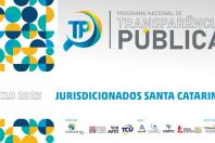 Banner em degradê cinza. Na lateral esquerda, há vários e pequenos semicírculos nas cores azul, amarela e verde e o texto Ciclo 2023. No lado direito superior, há o logotipo e o nome do Programa Nacional de Transparência Pública. No centro, há o título “Jurisdicionados Santa Catarina”. Abaixo, há os logotipos das entidades parceiras do programa.