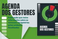 Banner horizontal com fundo verde-claro e marca d’água de um balão de fala. À esquerda, o texto “Agenda dos gestores. Publicação que reúne informações sobre as remessas obrigatórias pelas unidades fiscalizadas”, em fontes preta e verde. À direita, imagem da capa da Agenda, que contém, sobre fundo preto, o título e um elemento gráfico circular nas cores verde e vermelha. No canto superior direito da capa, o logo do TCE/SC. 