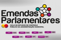 Banner horizontal com fundo cinza claro que divulga o ciclo de estudos “Emendas Parlamentares". Em destaque, aparece o título em letras pretas e um símbolo gráfico formado por círculos coloridos interligados. Na parte inferior, estão listadas as cidades e datas do evento: Lages (11/8), Criciúma (13/8), Mafra (18/8), Itajaí (20/8), Chapecó (1º/9), Caçador (3/9) e Florianópolis (10/9).