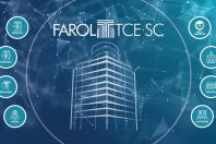 Banner horizontal em tons de azul. No centro, o desenho da sede do TCE/SC e acima o título "Farol TCE/SC", com a logomarca do TCE/SC. Ao redor, oito círculos em azul turquesa, com os títulos Receitas, Despesas, Educação, Saúde, Meio Ambiente, Gestão, Pessoal e Licitações.