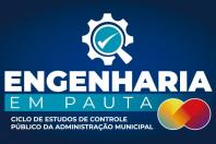 Banner horizontal, com fundo azul escuro, composto pelo texto "Engenharia em Pauta - Ciclo de Estudos de Controle Público da Administração Municipal".