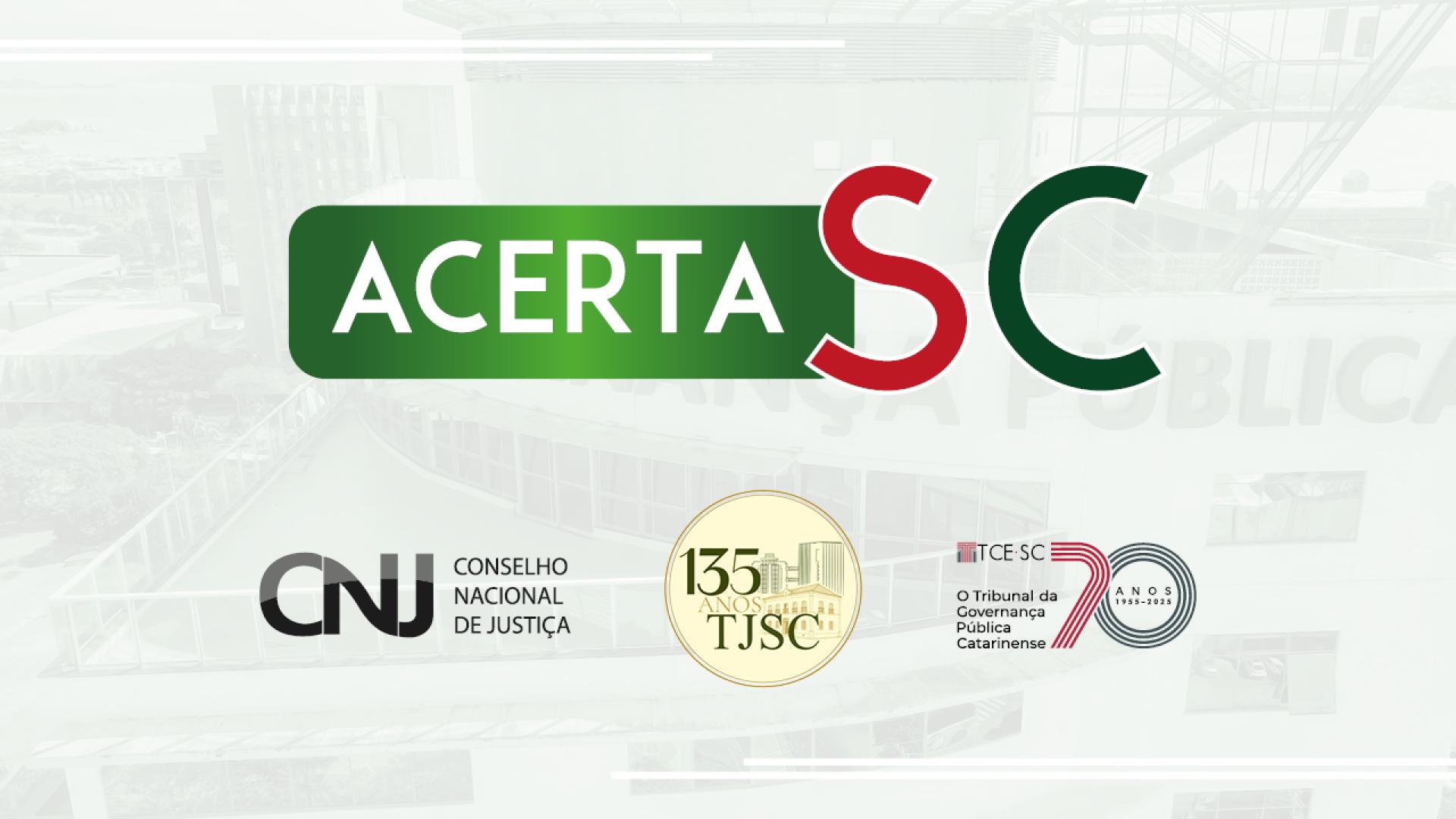 Imagem com fundo branco mostra log do Acerta SC ao centro. O logo é a palavra Acerta escrita em banco sobre um fundo verde. Ao lado está a sigla de Santa Catarina, com o S em vermelho e o C em verde sobre o fundo branco.