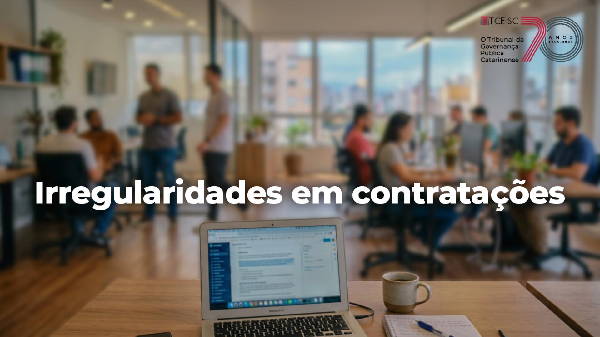 Banner mostra um grupo de pessoas trabalhando em um escritório. Essas pessoas estão desfocadas. Em primeiro plano aparece um laptop aberto sobre uma mesa. Ao centro da imagem está escrito “Irregularidades em Contratações"
