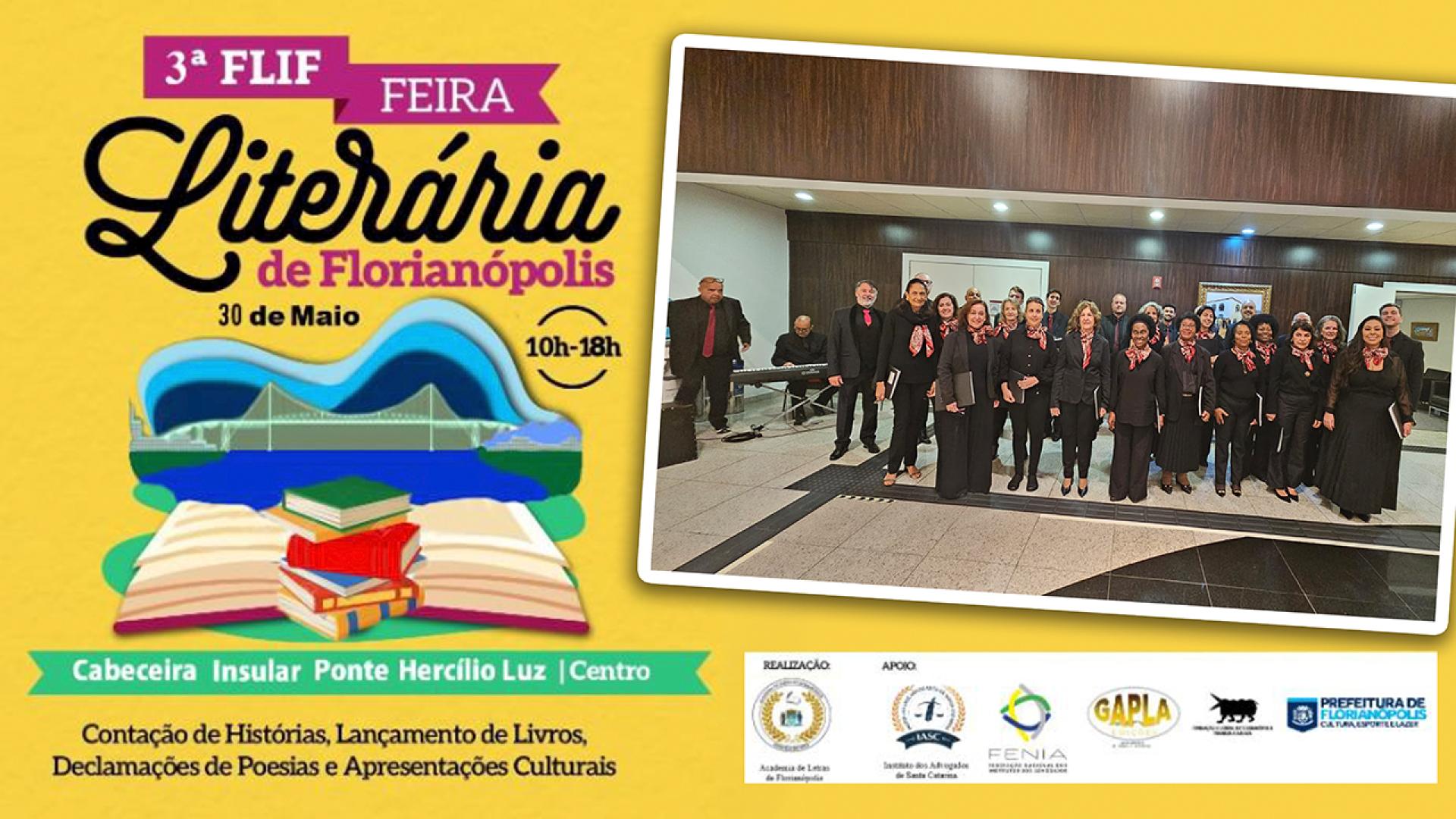 Banner horizontal de divulgação da 3ª Feira Literária de Florianópolis, com fundo amarelo. À esquerda, há informações do evento, incluindo data, 30 de maio, horário, 10h às 18h, local, Cabeceira Insular da Ponte Hercílio Luz, e ilustração de livros com a ponte ao fundo. À direita, uma foto mostra o Coral do TCE/SC reunido em ambiente interno. As pessoas vestem preto. Na parte inferior, aparecem os logotipos das instituições apoiadoras.
