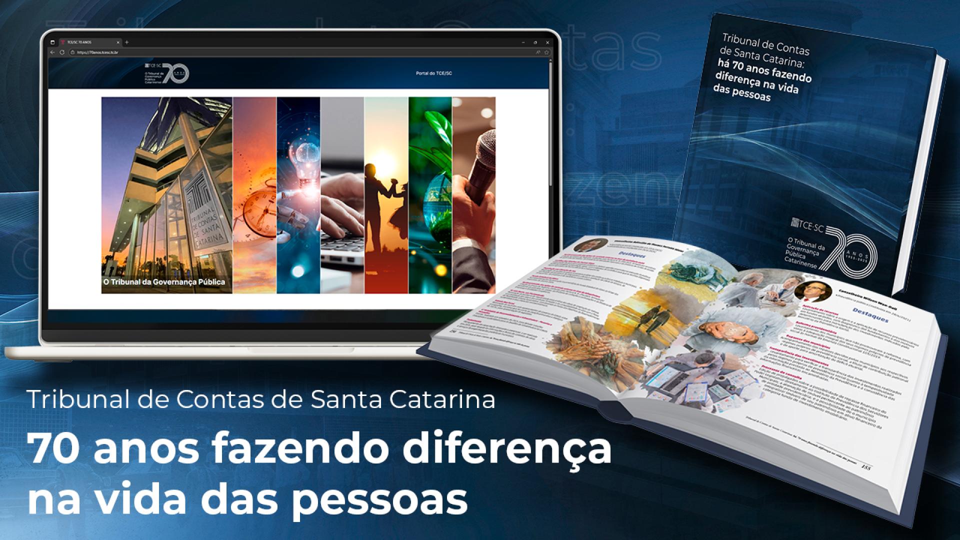 Imagem tem fundo azul escuto. Nela há imagens de um computador, com a tela mostrando uma série de abas verticais, à esquerda. À direita há a capa de um livro e esse mesmo livro aberto em primeiro plano.