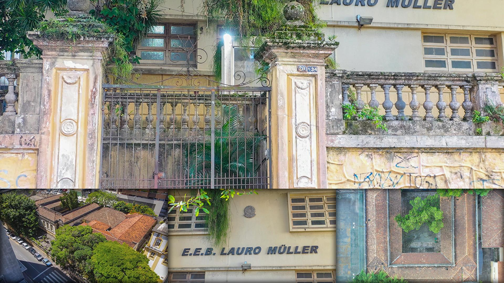 Banner horizontal com montagem de fotos para mostrar diversas áreas da Escola de Educação Básica Lauro Müller, incluindo a fachada e vistas aéreas.