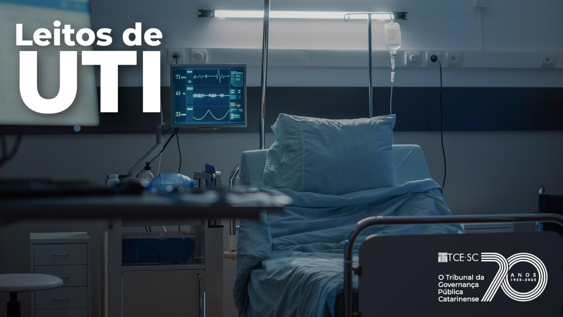 Imagem mostra uma cama em um hospital. Ao lado dessa cama há equipamentos médicos. No alto à esquerda, escrito em letras brancas, há a expressão "Leitos de UTI"