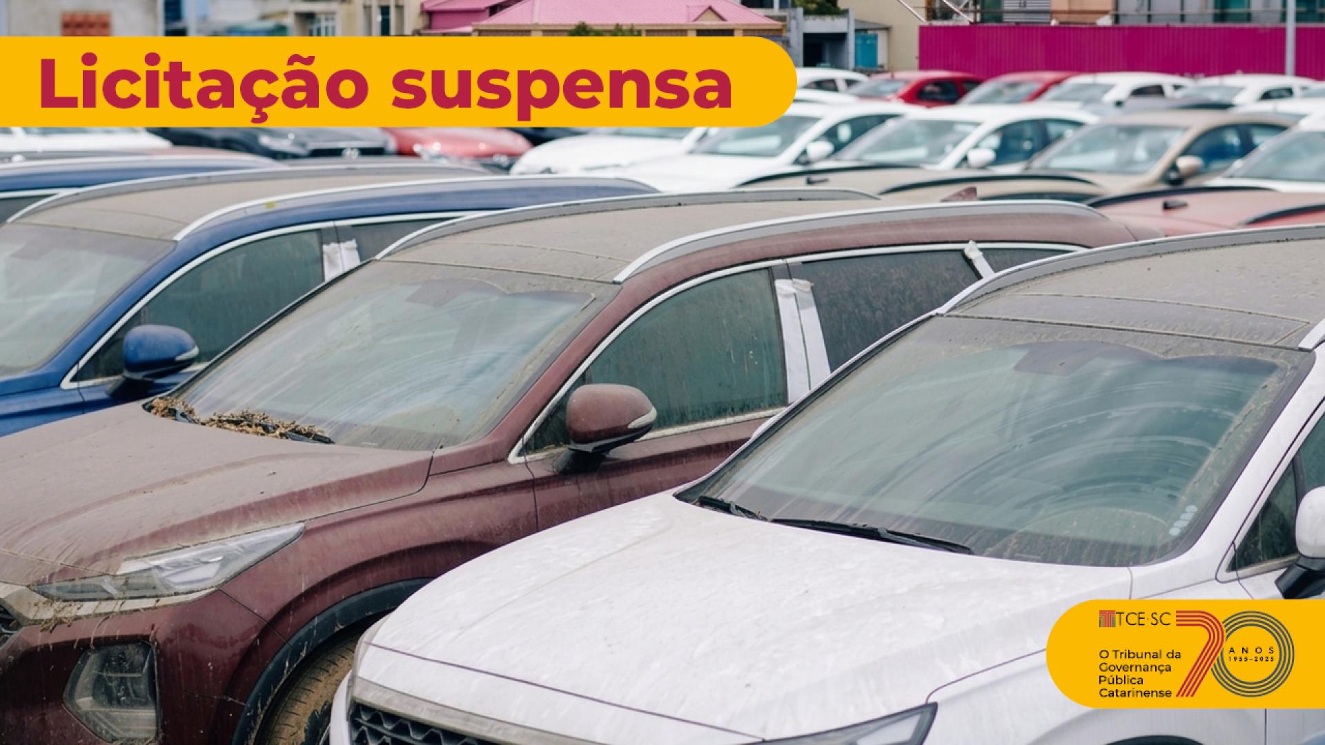 Banner horizontal com foto de veículos estacionados lado a lado em um grande estacionamento. Sobre a foto, em tarja amarela, o texto “Licitação suspensa”. 