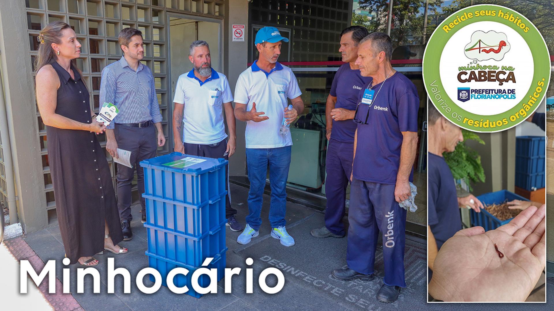 Banner horizontal com foto de seis pessoas na entrada do TCE/SC, em volta de uma estrutura de minhocário. À direita, logo do projeto Minhoca na Cabeça, da Prefeitura de Florianópolis e foto de uma minhoca sobre a mão de uma pessoa. 