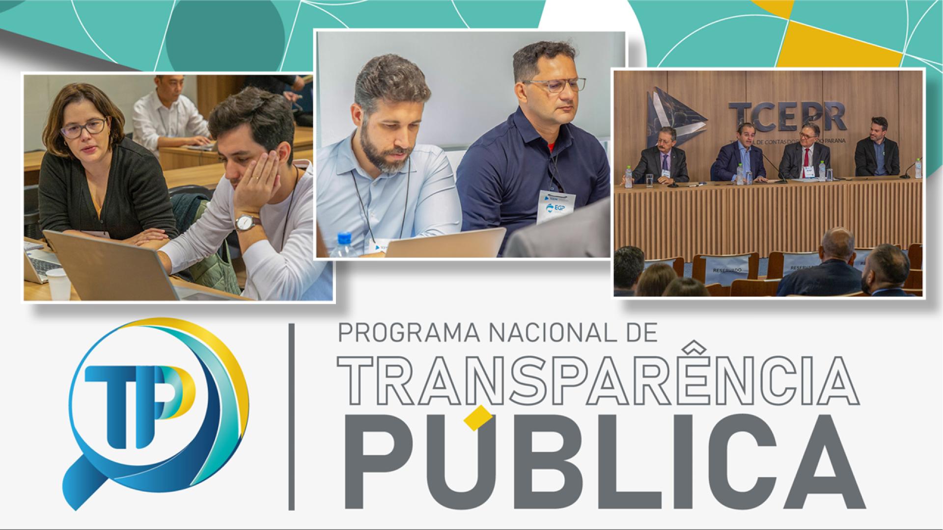 Banner horizontal com fundo branco e detalhes coloridos em verde, amarelo e azul. Ao centro há três fotos dos participantes da Semana da Garantia da Qualidade, no TCE/PR. Entre os presentes, os auditores fiscais de Controle Externo do TCE/SC Michelle de Arruda e Jean de Souza. Abaixo, logo do Programa Nacional de Transparência Pública, composto pela inscrição e pelo desenho de uma lupa, nas cores verde, amarela e azul, com a sigla TP ao centro. 