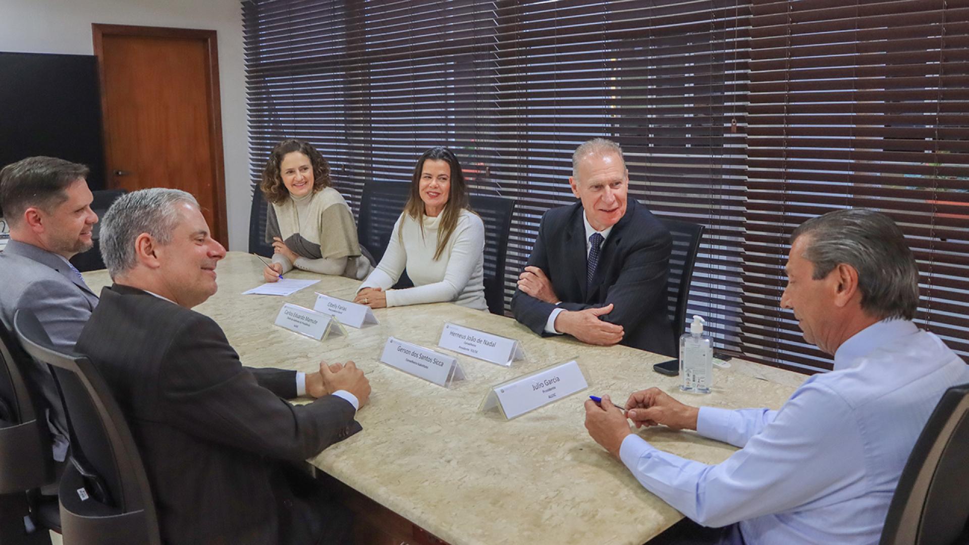 Banner horizontal com foto de seis autoridades reunidas diante de uma mesa enquanto conversam. Entre os presentes, o conselheiro Herneus De Nadal, o conselheiro substituto Gerson Sicca e a procuradora-geral do MPTC/SC, Cibelly Farias. 