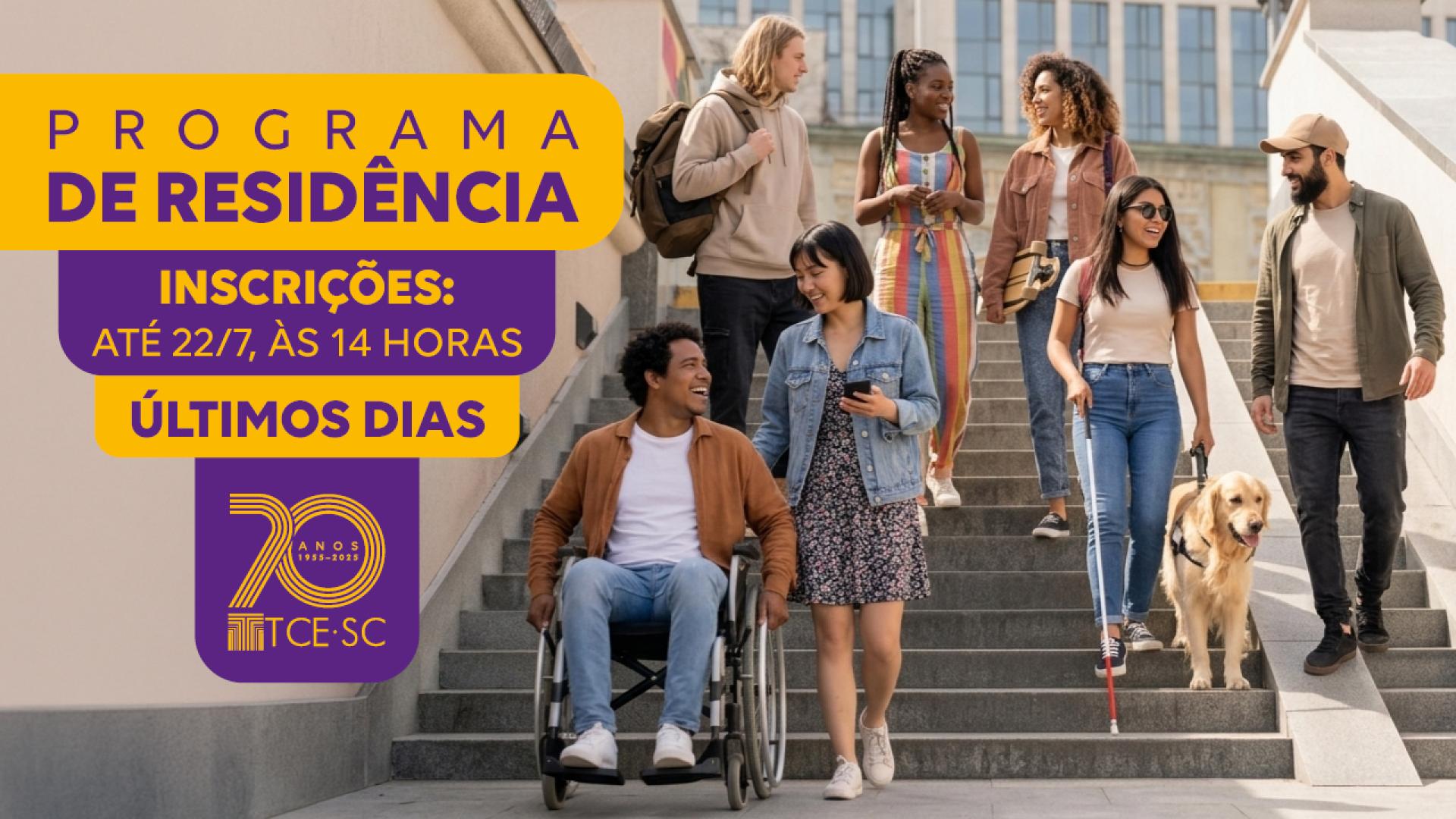 Banner horizontal com foto de alguns jovens em uma escada. Há uma cadeirante e uma pessoa cega, acompanhada de um cão-guia. Sobre a foto, em tarjas roxa e amarela, o texto “Programa de Residência. Inscrições até 22/7, às 14 horas. Últimos dias”.