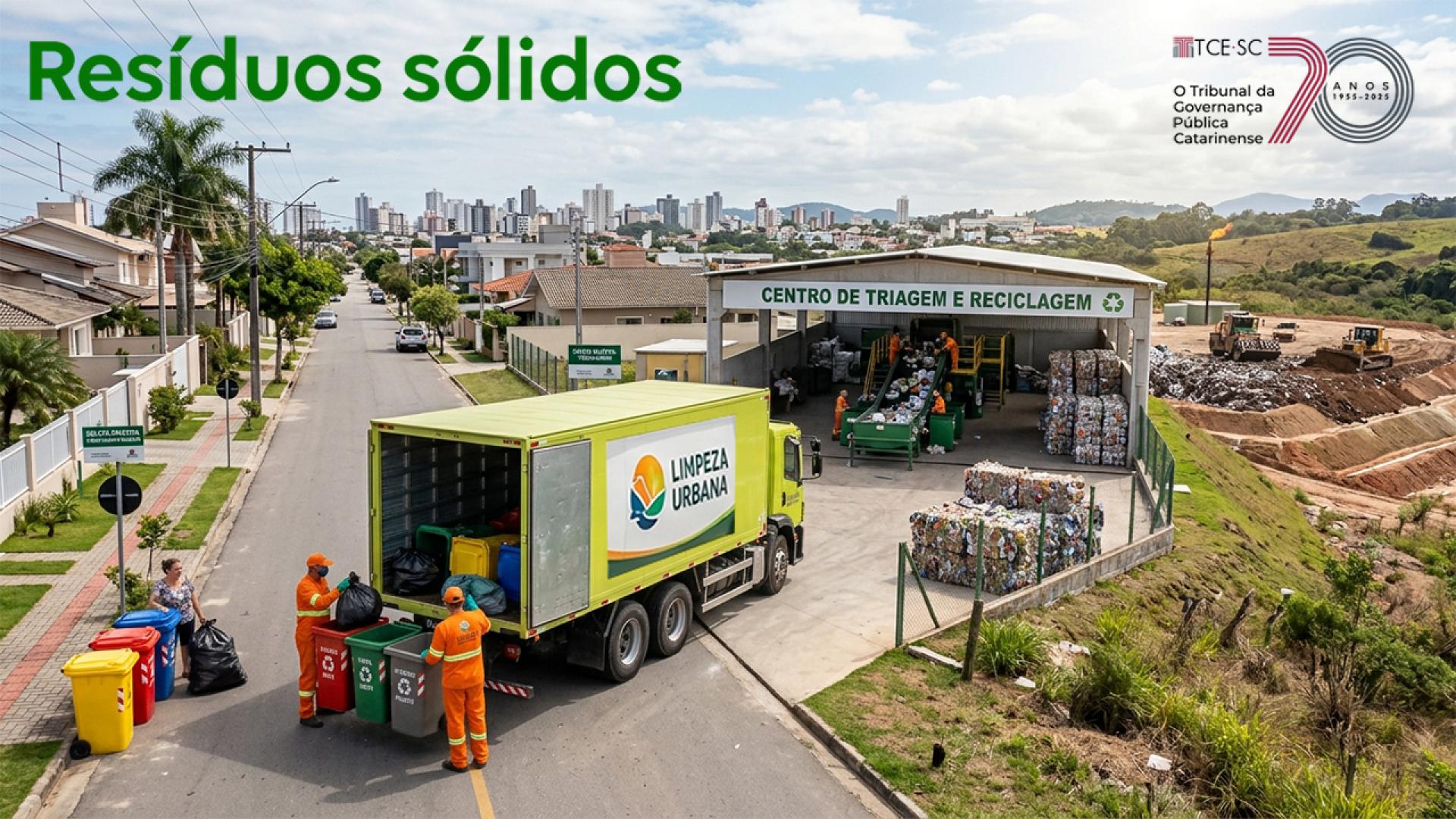 Banner horizontal com foto, vista de cima, de um caminhão de coleta seletiva da limpeza urbana estacionado em frente a um Centro de Triagem e Reciclagem, onde fardos de materiais recicláveis estão armazenados e sendo processados. No fundo do caminhão, trabalhadores realizam o recolhimento dos resíduos das lixeiras coloridas. Sobre a foto, em verde, o texto "Resíduos sólidos". 