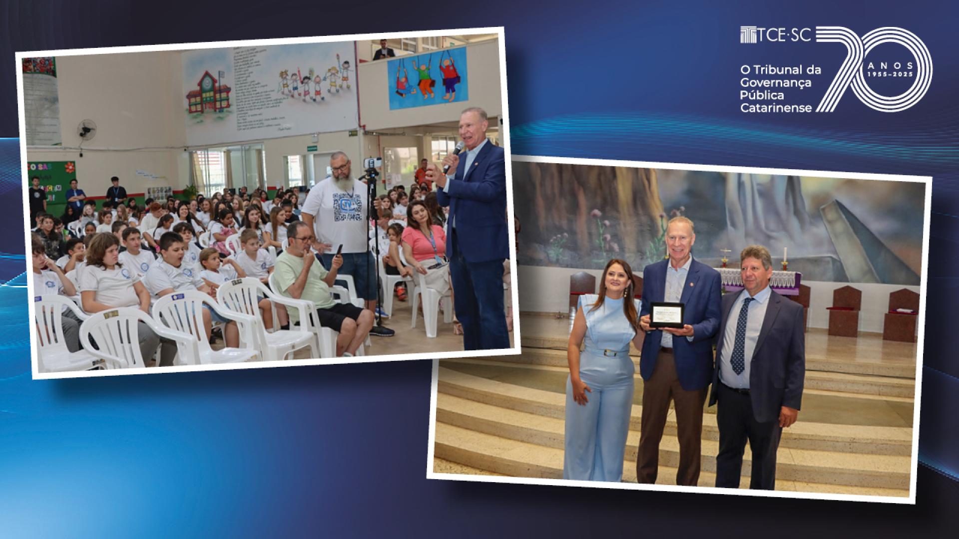Banner horizontal em formato de montagem com fundo azul-escuro. À esquerda, fotografia de auditório com público sentado em cadeiras ouvindo o discurso do presidente Herneus. À direita, fotografia em ambiente interno com escadaria e painel artístico ao fundo, mostrando três pessoas posando para registro oficial; ao centro, o presidente Herneus De Nadal segura uma placa de homenagem. No canto superior direito, logo do TCE/SC. 