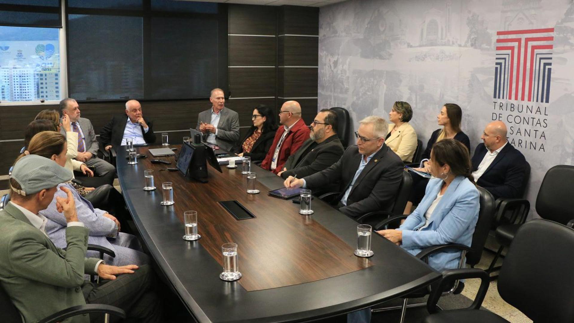 Banner horizontal mostrando uma reunião em uma sala do TCE/SC. Entre os presentes, ao centro, o presidente Herneus De Nadal e o conselheiro Luiz Eduardo Cherem. Também aparecem integrantes da Univali, do MPSC, do TJSC e da SES. Os participantes estão sentados diante de uma mesa retangular enquanto conversam.