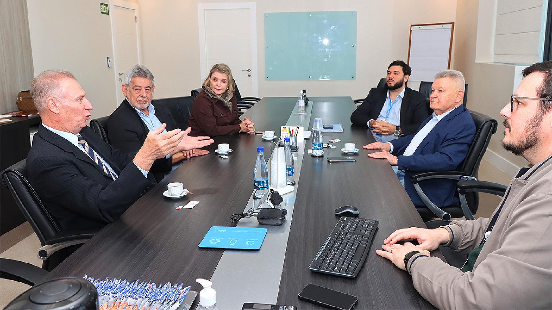 Foto dos participantes da reunião sentados diante de uma mesa enquanto conversam. Há seis pessoas. Entre os presentes, o presidente do TCE/SC, conselheiro Herneus De Nadal e o presidente do Conselho Deliberativo do hospital, Udo Dohler.