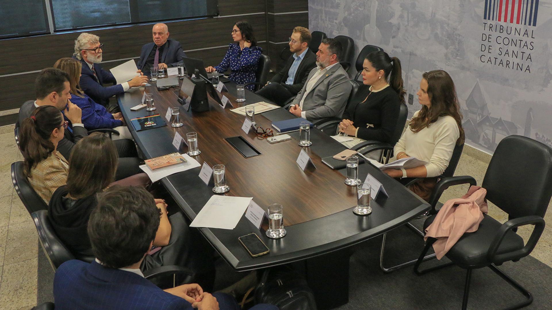 Banner horizontal com foto de várias pessoas reunidas em volta de uma mesa, em reunião. Entre os presentes, o conselheiro Luiz Eduardo Cherem, o coordenador da mesa de consensualismo, Ricardo Ribas, e a diretora-geral de Controle Externo adjunta, Monique Portella.