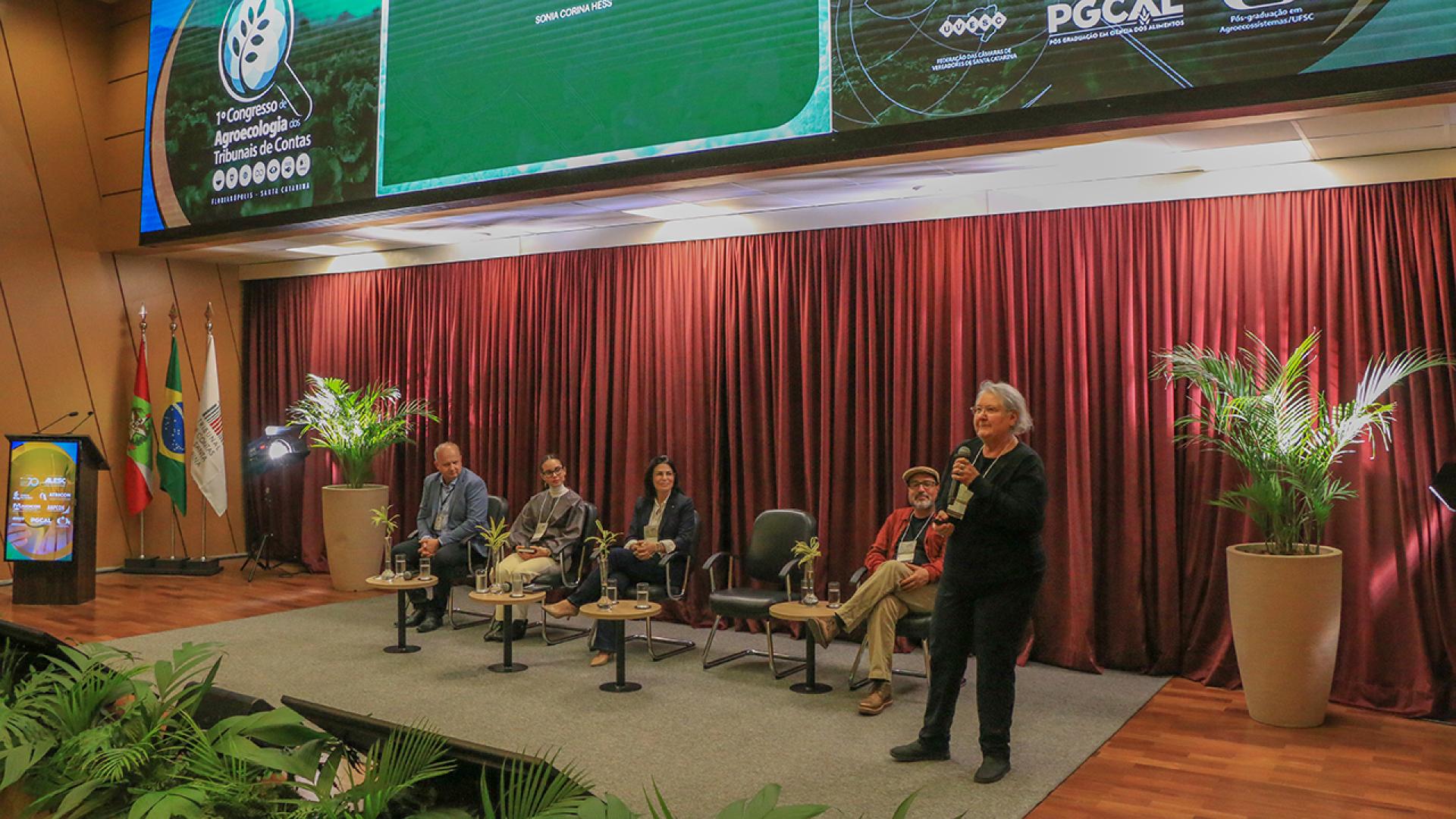 Banner horizontal com foto da professora da UFSC Sonia Hess falando ao microfone durante painel no palco do auditório do TCE/SC. Ela está à direita da foto. À esquerda, os demais participantes do painel, sentados em poltronas lado a lado. Ao fundo, há cortinas bordôs.