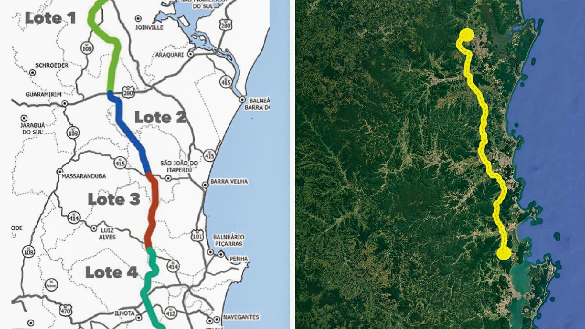 Banner mostra um mapa da localização, em Santa Catarina, de onde seria construída a rodovia 