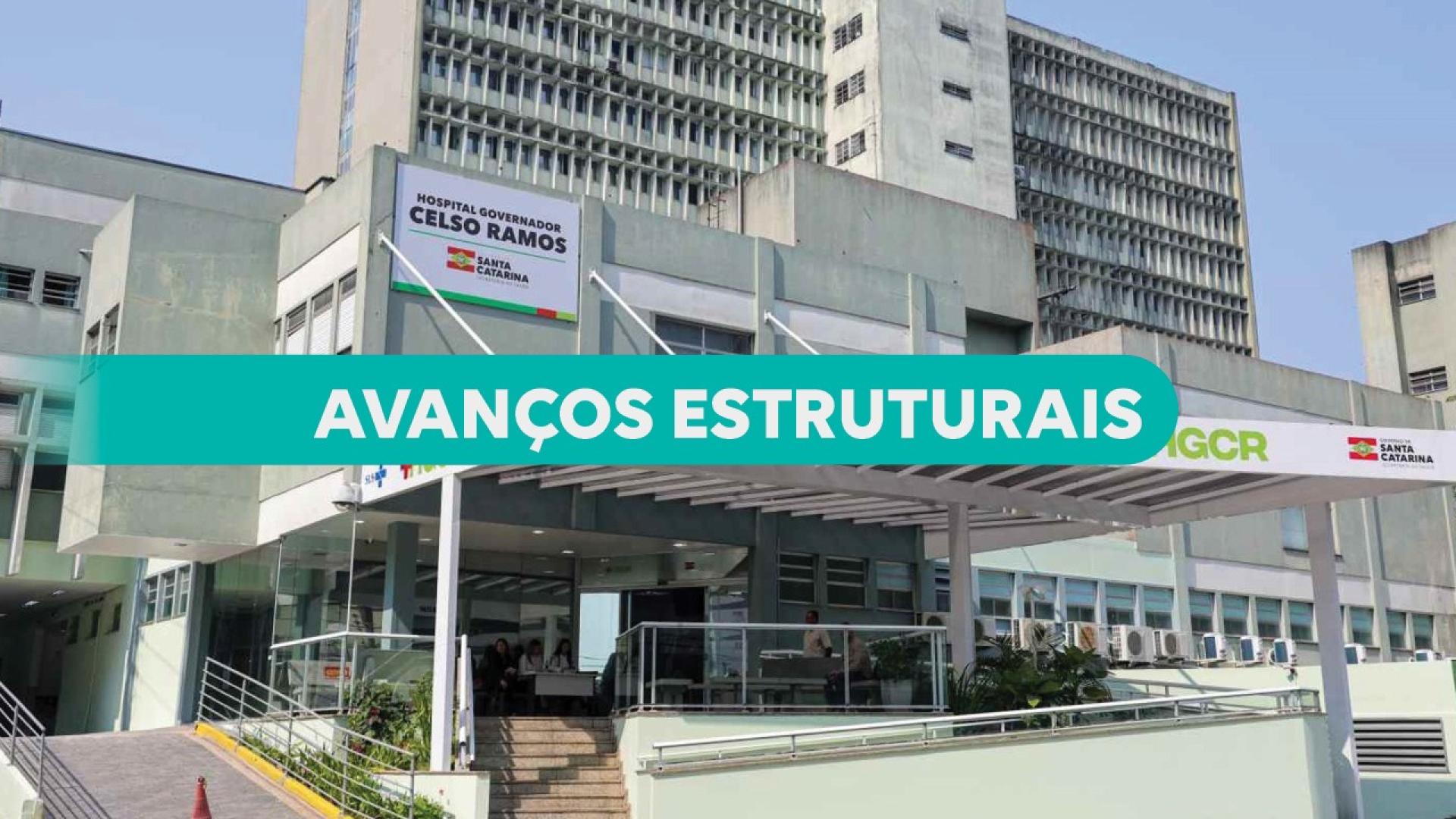 Banner horizontal da fachada do Hospital Governador Celso Ramos, com prédio de múltiplos andares ao fundo e entrada principal coberta em primeiro plano. Na estrutura da frente aparecem as identificações institucionais do Governo de Santa Catarina. Sobre a imagem, há uma faixa em destaque com o texto "Avanços estruturais".   
