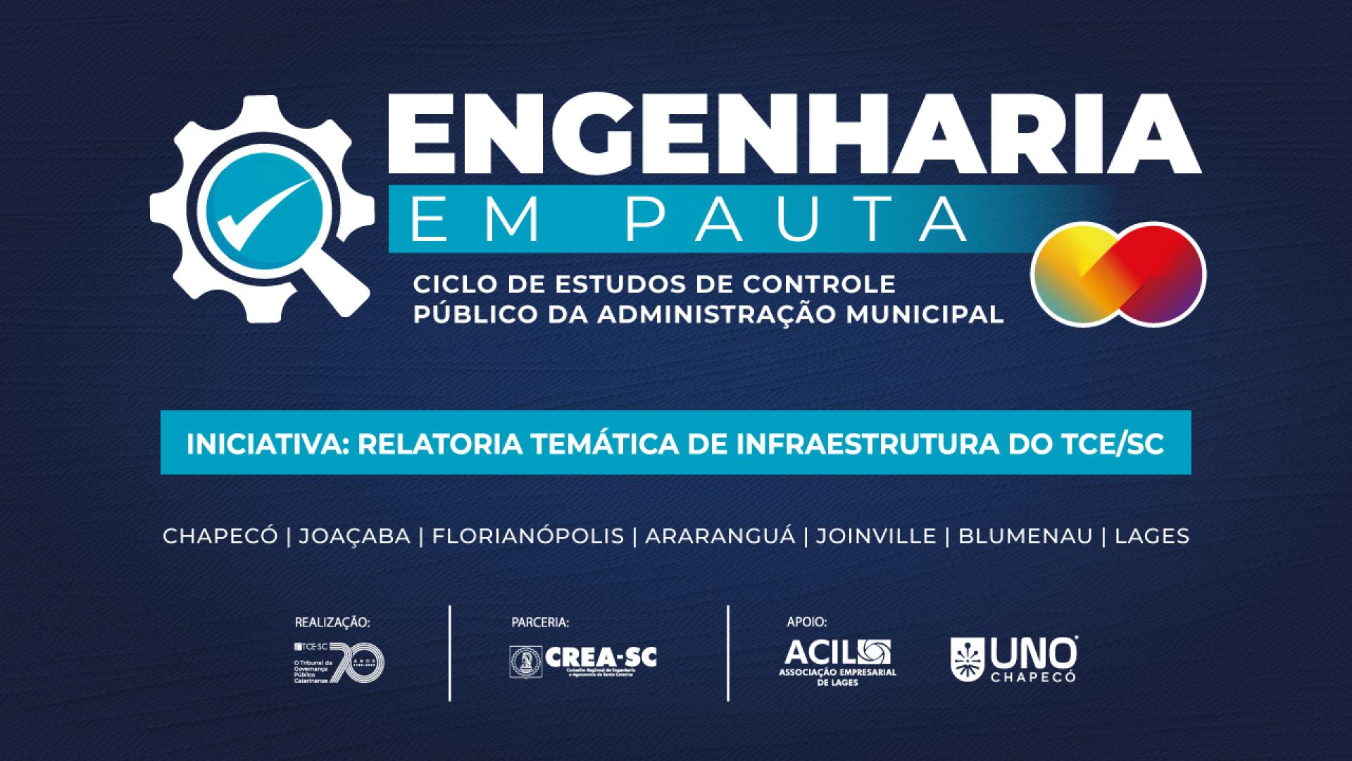 Imagem mostra um banner com o fundo azul escuro. Nele, escrito em branco, no alto, está o nome do evento, Engenharia em Pauta. No restante, há informalções sobre cidades onde ele será realizado e os logos dos organizadores.