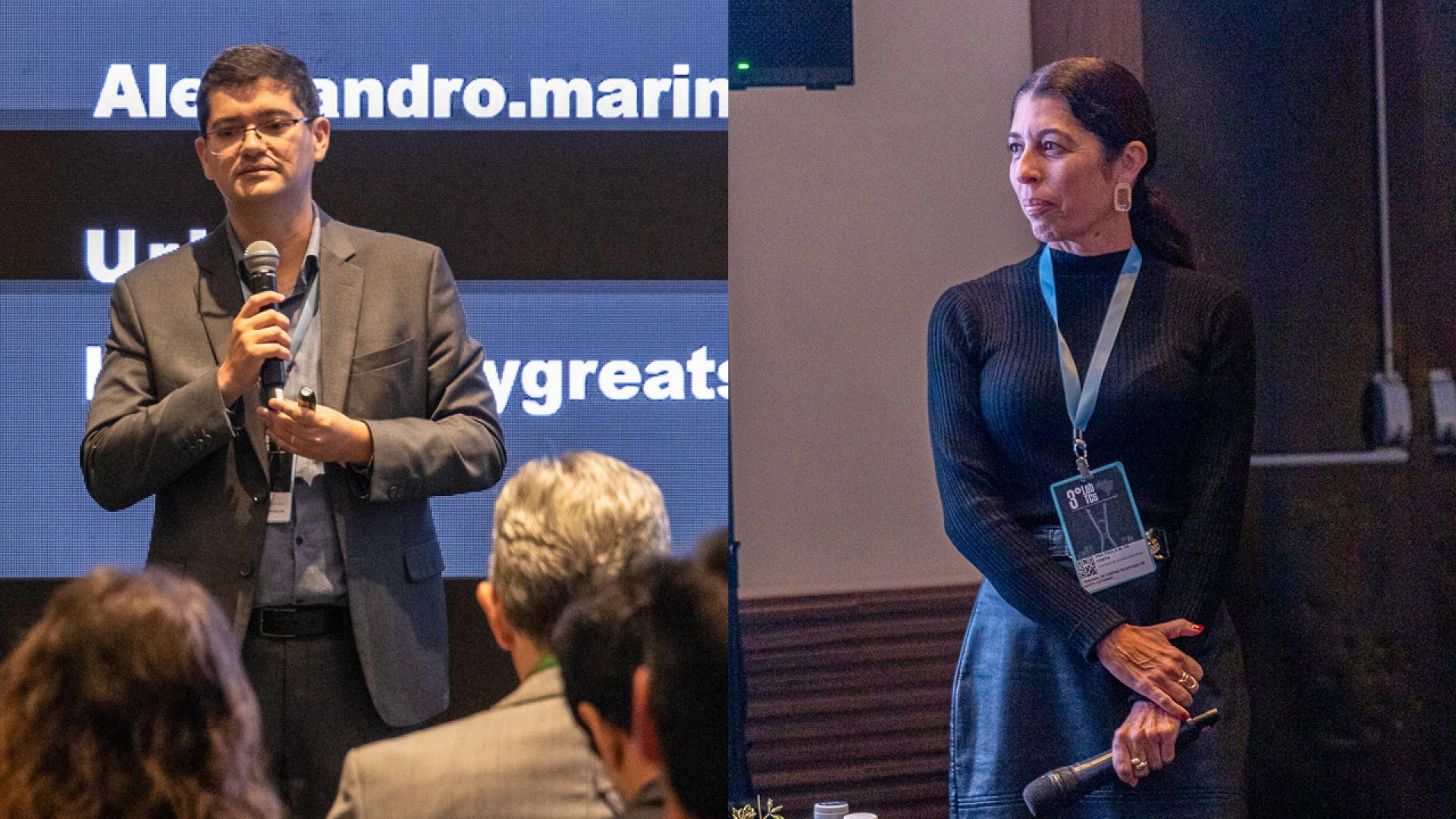 Banner horizontal dividido ao meio. À esquerda, foto do auditor fiscal de Controle Externo Alessandro Marinho. Ele é um homem branco, de cabelos castanhos. Veste paletó de cor escura e está em pé, no palco, durante apresentação. Alessandro fala ao microfone. À direita, foto da diretora Ana Paula Machado da Costa. Ela é uma mulher parda, de cabelos escuros, que estão presos. Veste roupa preta e está em pé, no palco, durante apresentação. Ana Paula usa um crachá no pescoço.