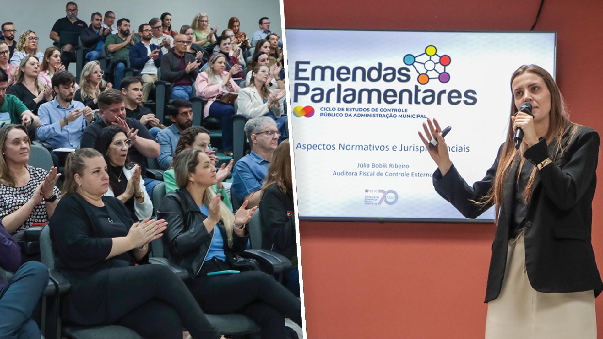 Banner horizontal dividido  ao meio. No lado direito, a auditora fiscal de controle externo Julia Ribeiro palestra, ao fundo dela, o banner do evento. No lado esquerdo, foto da plateia.