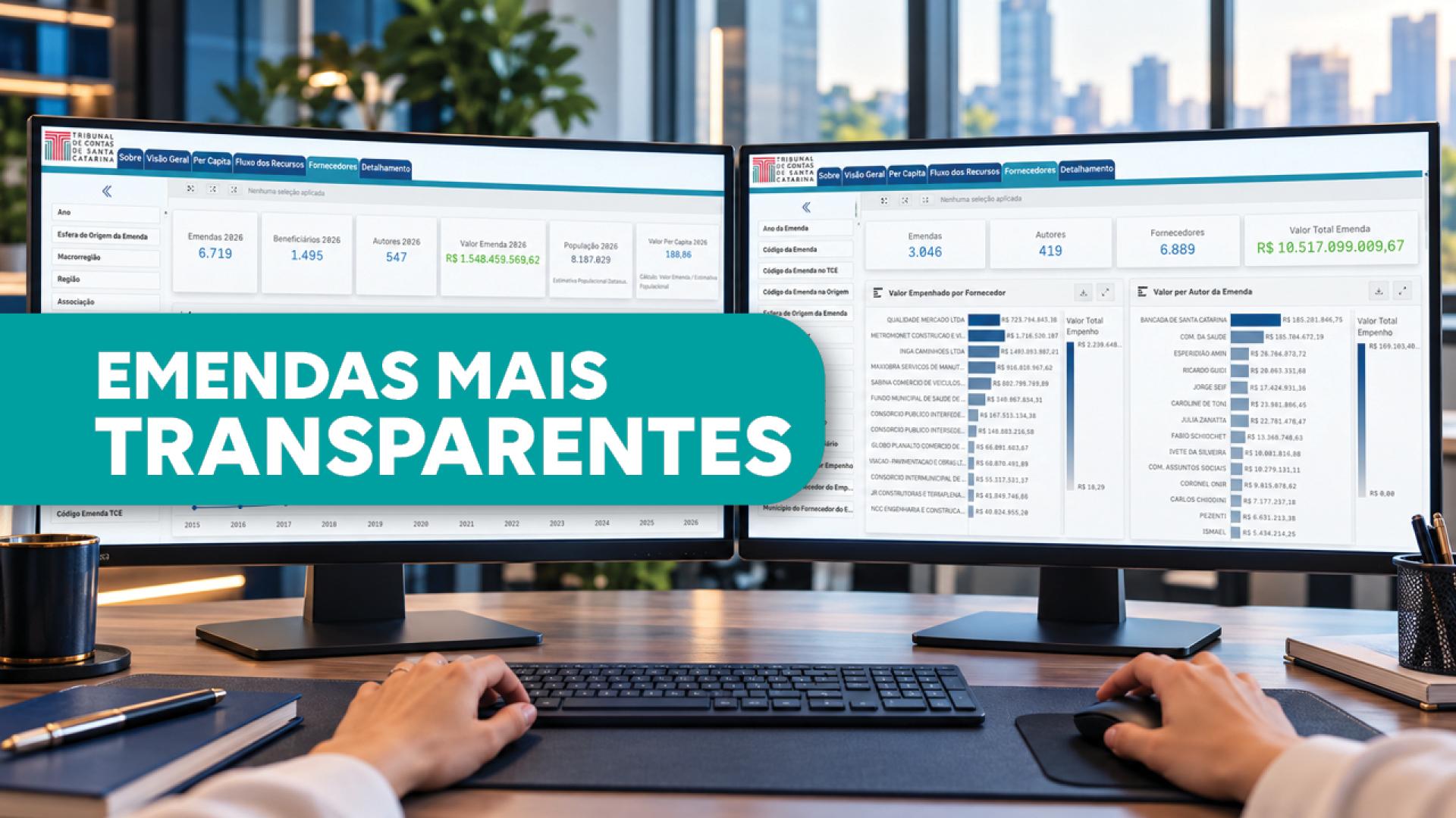 Banner horizontal com foto de dois monitores lado a lado que mostram o painel de emendas parlamentares no site Farol TCE. Há gráficos e informações numéricas. Sobre a foto, em tarja verde, o texto "Emendas mais transparentes".