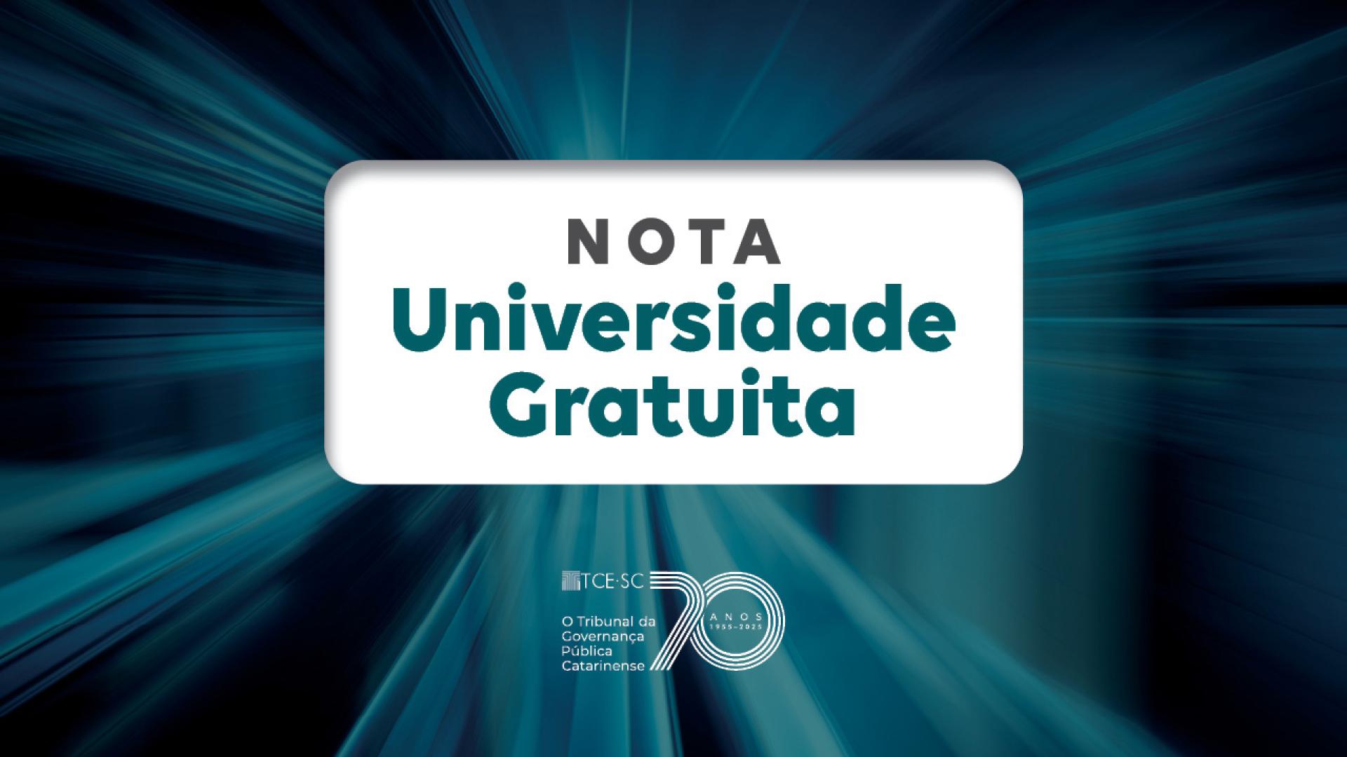 Banner horizontal com fundo em tons de verde e preto. Ao centro, retângulo branco com o texto “Nota Universidade Gratuita”. Abaixo, selo comemorativo aos 70 anos do TCE/SC.