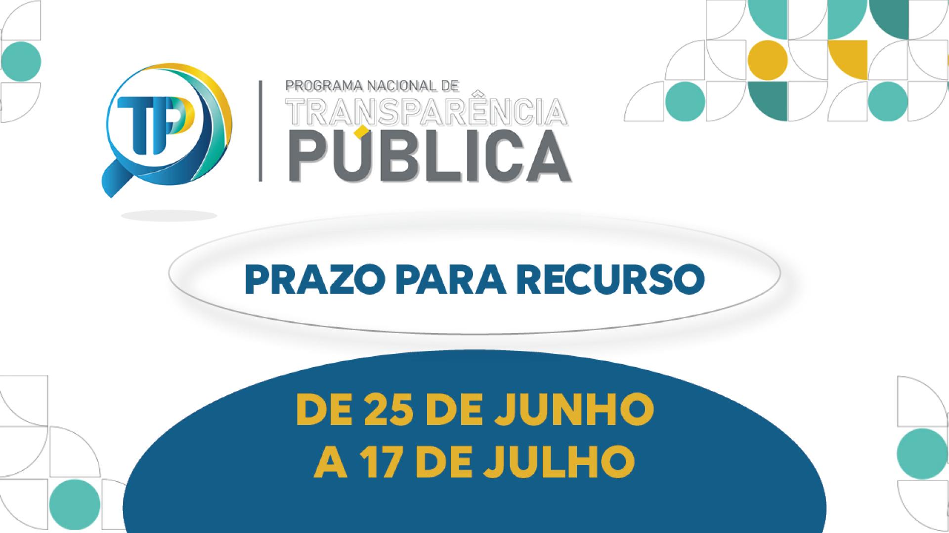 Banner horizontal Banner horizontal com fundo branco e elementos gráficos geométricos em tons de verde, azul e amarelo. Há as seguintes informações: o logotipo do Programa Nacional de Transparência Pública (PNTP), composto pelo nome e pelo desenho de uma lupa com a sigla TP ao centro; e o texto “Prazo para recurso. De 25 de junho a 17 de julho”. 