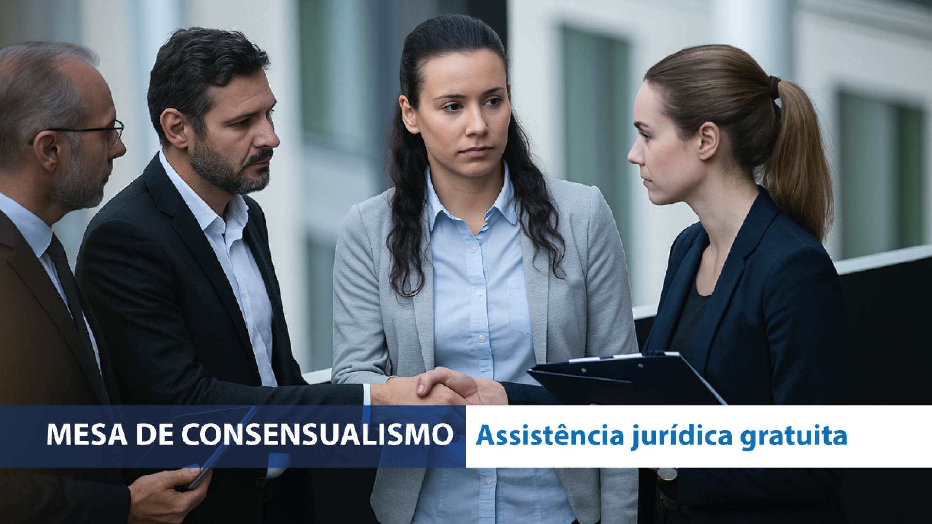 Banner horizontal com foto de quatro pessoas, dois homens e duas mulheres, um ao lado do outro, em pé. Dois deles cumprimentam-se com um aperto de mãos. Sobre a foto, na borda inferior, em tarjas azul e branca, o texto “Mesa de consensualismo. Assistência jurídica gratuita”.  