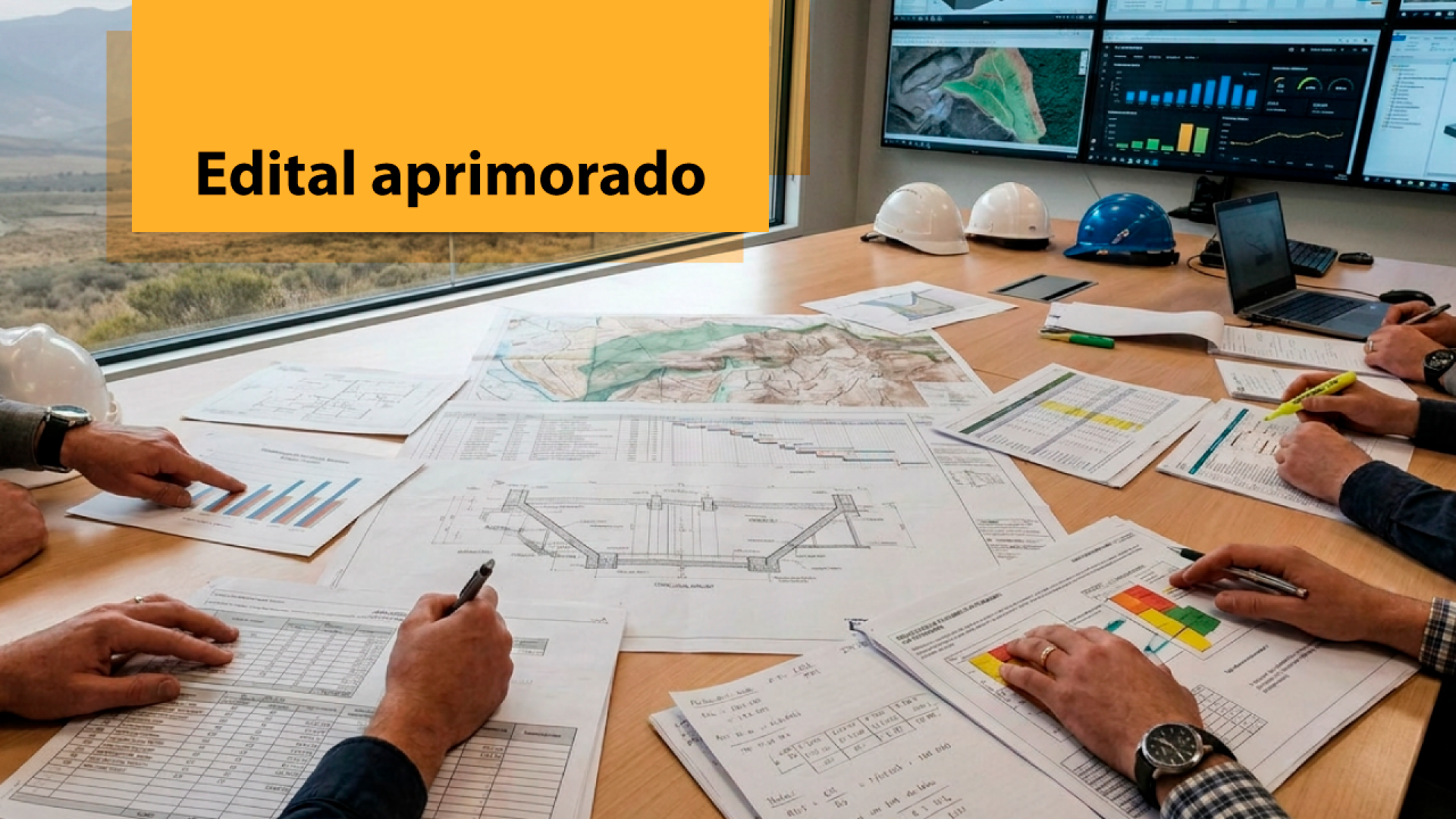 Banner horizontal com foto de uma mesa de reunião com plantas, mapas, planilhas e documentos técnicos espalhados sobre a superfície. Ao redor da mesa, pessoas analisam os materiais e fazem anotações. Ao fundo, monitores exibem gráficos, indicadores e imagens de projetos de engenharia, enquanto capacetes de segurança reforçam o contexto técnico. No canto superior esquerdo, destaca-se a chamada "Edital aprimorado" em uma faixa amarela. 