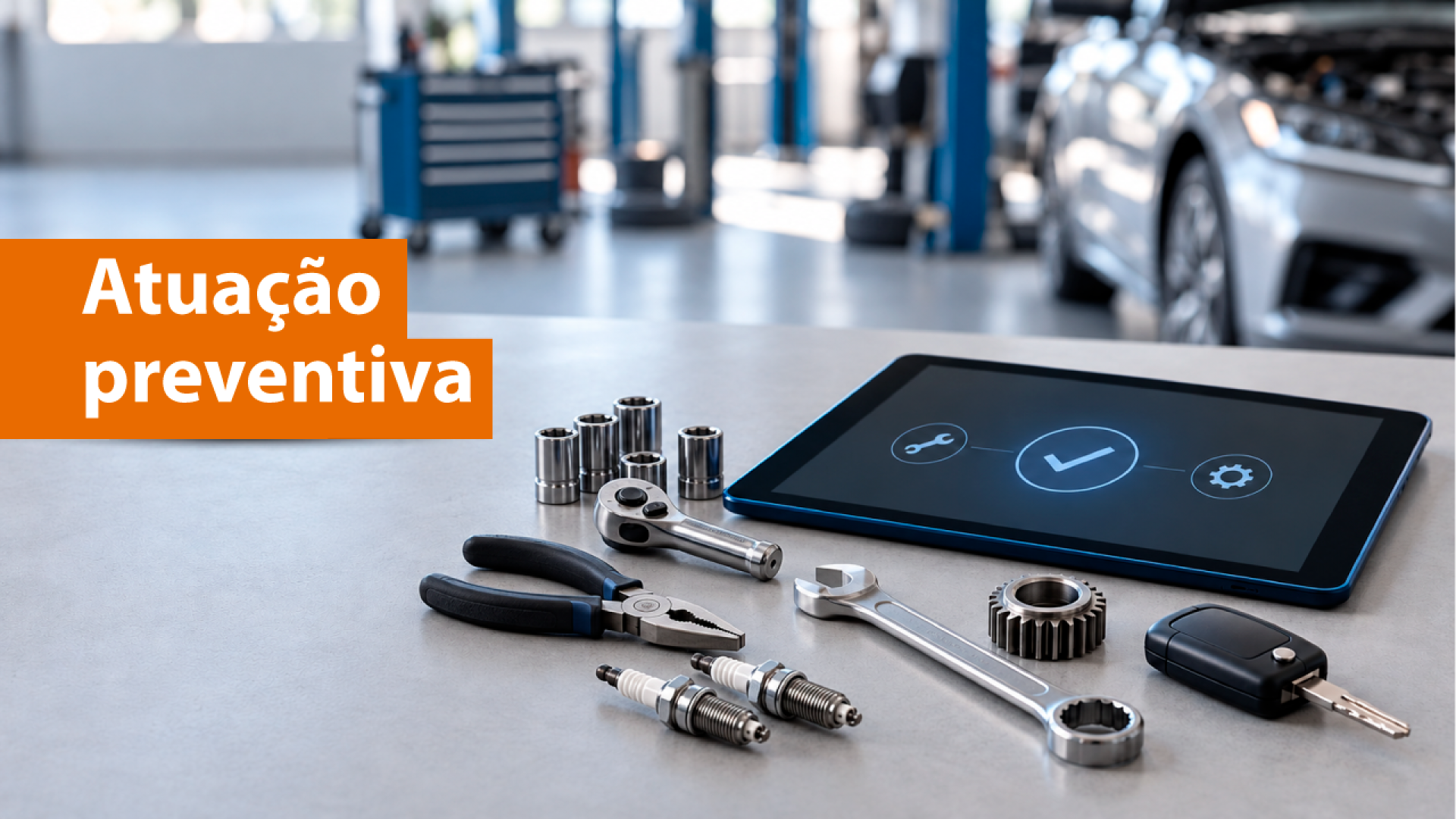Banner horizontal com foto de ferramentas dispostas sobre uma mesa junto com a chave de um carro e um tablet. Sobre a foto, em tarja laranja, o texto “Atuação preventiva”. 