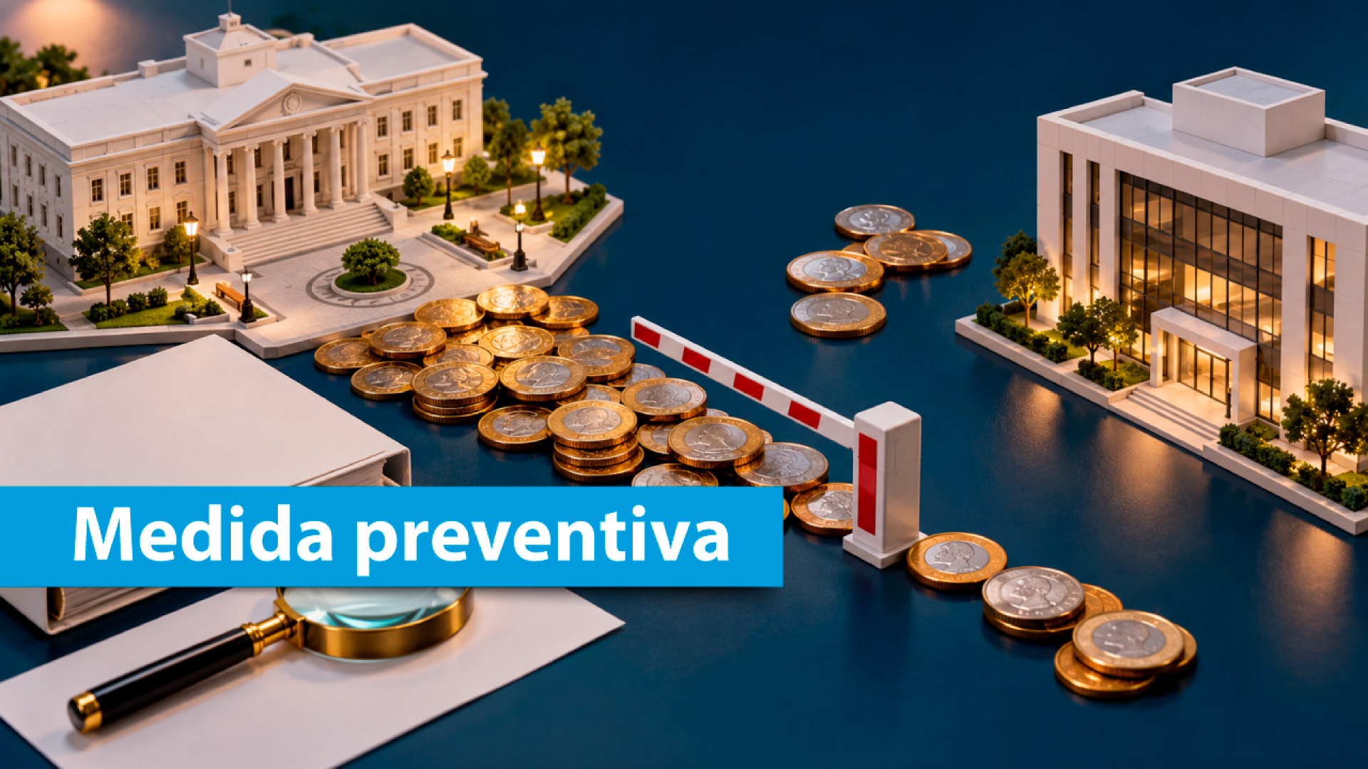 Banner horizontal com o título “Medida preventiva”, em letras brancas sobre uma faixa azul-turquesa na parte inferior esquerda. A imagem apresenta uma composição ilustrativa com edifícios institucionais em miniatura, moedas espalhadas e empilhadas sobre uma superfície azul-escura e uma barreira de segurança levantada, posicionada entre as moedas. 