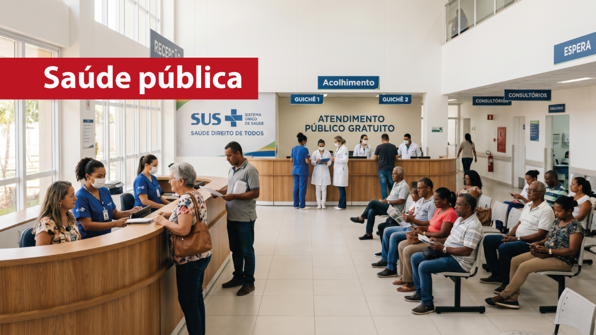 Banner horizontal com imagem de uma unidade de saúde pública. À esquerda, profissionais da recepção atendem usuários em um balcão. Ao centro, médicos e enfermeiros permanecem próximos ao setor de acolhimento. À direita, pessoas estão sentadas na sala de espera. No ambiente, há placas indicando setores, além de um painel do SUS. No canto superior esquerdo, uma faixa vermelha destaca o texto “Saúde pública”. 