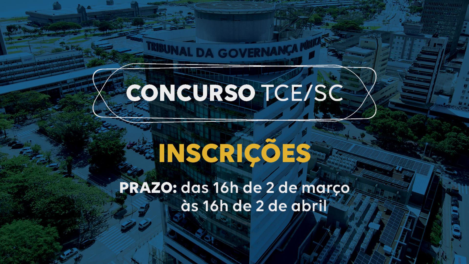 Banner horizontal com foto do prédio do TCE/SC, com filtro azul-escuro. Sobre a imagem, ao centro, em retângulo vazado, o título “Concurso TCE/SC” e, em uma tarja, a palavra “Inscrições”. 