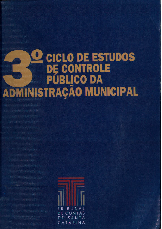 Banner vertical em tom azul-escuro. Ao centro, o título 3º Ciclo de Estudos de Controle Público da Administração Municipal na cor amarelo-escuro. O número 3 está em maior tamanho. Na parte inferior central, a logomarca do TCE/SC. 