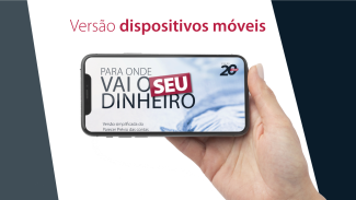 Banner branco, com bordas laterais em cinza-escuro. Ao centro, na parte superior, o texto Versão dispositivos móveis, em fonte bordô. Abaixo, uma mão segura um celular. Na tela, o título “Para onde vai o seu dinheiro”. Nele, a palavra "seu" está destacada em branco sobre um retângulo bordô, e as demais letras estão na cor preta. 