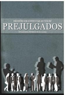 Banner vertical em tons de cinza. Na parte superior central, um retângulo cinza-claro com o título Prejulgados destacado. Acima, há o texto Decisões em Consultas ao TCE/SC. Ambos estão em fonte branca. Na parte inferior, ilustração de diversas pessoas em tons de cinza, preto e branco. 