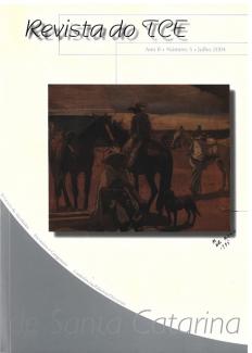 Banner vertical branco. Acima, o título, em fonte preta, Revista do TCE. Abaixo e ao centro, imagem de uma pintura de cavalos com um homem sobre um deles. Na parte inferior esquerda, uma borda curvada e, na diagonal, o texto de Santa Catarina, em fonte cinza.