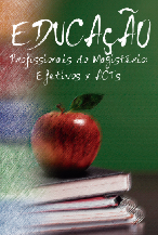 Banner vertical em tons de verde. Ao fundo, imagem de uma maçã sobre livros e cadernos. Acima, o texto Educação, em tamanho maior e, abaixo, o texto Profissionais do Magistério Efetivos x ACTs, ambos em fonte branca. Ao lado esquerdo, borda simulando pintura de gizes coloridos. 