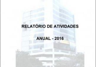 Banner horizontal com fundo branco e com a marca d’água da imagem do prédio do Tribunal de Contas de Santa Catarina. À frente, centralizado e em fonte preta, o texto Relatório de Atividades, Anual – 2016. 