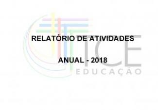 Banner horizontal com fundo branco e com marca d’água do logotipo do TCE Educação, composto de lápis coloridos formando a letra T e do texto TCE Educação, em fonte preta. À frente, o texto Relatório de Atividades e, abaixo, o texto Anual – 2018, ambos em fonte preta. 