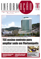 Banner vertical com fundo branco. Acima, o título Informação, com as letras Ação destacadas sobre um círculo vermelho. Ao lado, logomarca do TCE/SC. Abaixo, imagem da sede do TCE/SC, um prédio com fachada de vidro. Abaixo, o título da notícia: TCE assina contrato para ampliar sede em Florianópolis. Depois, pequeno texto com resumo da matéria em destaque e outros blocos com mais informações da edição.