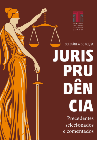 Banner vertical na cor marrom. Do lado esquerdo, imagem de Têmis, a deusa da Justiça, na cor laranja. Do lado direito, a palavra Jurisprudência destacada em fonte branca, separada com quebras de linha. Acima, a logomarca do TCE/SC e o texto Coletânea do TCE/SC. No canto inferior direito, o texto Precedentes selecionados e comentados, em fonte branca.