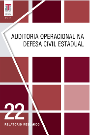 Banner vertical com o título Auditoria operacional na Defesa Civil Estadual em fonte preta, sobre fundo branco. Acima do título, 3 quadrados e, abaixo, 9, em tons de bordô. À esquerda, no canto superior, a logo do TCE/SC e o ano 2017, e, no canto inferior, o número 22 seguido de Relatório Resumido, todos em fonte branca.