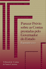 Banner em degradê nas cores vermelha (abaixo) e amarelo-queimado (acima). Na lateral esquerda, linhas horizontais e verticais na cor vermelha, que formam uma parte da logomarca do TCE/SC. À direita, o título Parecer Prévio sobre as Contas prestadas pelo Governador do Estado, em fonte vermelha, e o texto Exercício 2005, em fonte branca. No canto inferior esquerdo, o texto Tribunal de Contas de Santa Catarina, também em fonte branca.